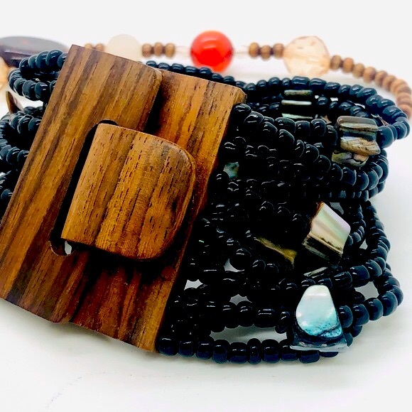 Vintage Glass Bead Necklace & Multi Strand Wood Buckle Bracelet - Picture 5 of 15